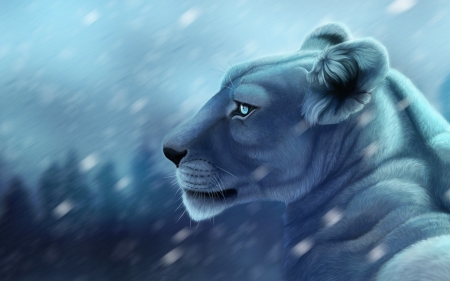 Lionesse - lionesse, winter, blue, snow, cat, frumusete, fantasy, animal, iarna, pisici, lion, luminos