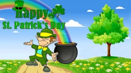 Happy Saint Patrick's Day - Saint Patricks Day, shamrocks, Patricks Day, clovers, leprechaun, grass, flowers, rainbow, gold coins, coins, Spring, clouds, pot, hat, money, road, gold, tree, top hat, Happy Saint Patricks Day