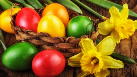 Daffodils and Easter Eggs - flowers, colorful, Firefox Persona theme, Easter eggs, bright, spring, daffodils