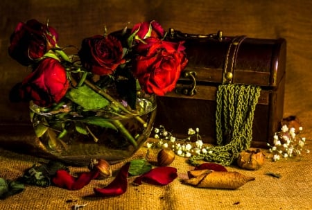 Still Life - red roses, roses, rose, petals, flowers, still life, nature