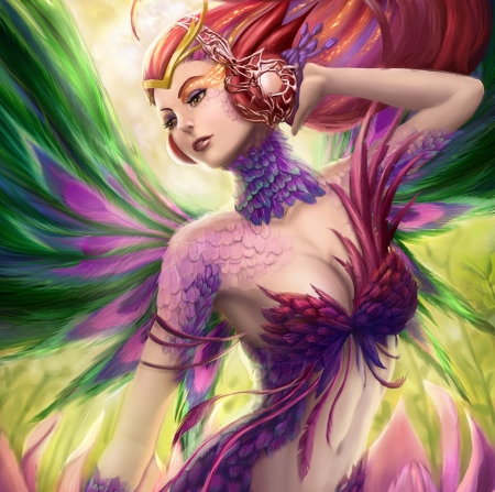 Peacock Woman - abstract, female, beautiful, dress, sweet, red hair, fantasy, peacock, lady, purple, fantasy woman, green, woman, cute, feathers, art