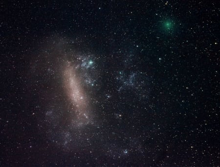 Close Comet and Large Magellanic Cloud - space, cool, fun, galaxy, stars, comet