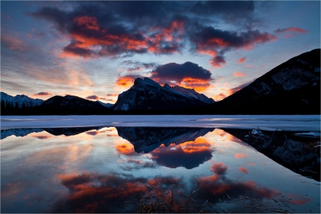 Dawn on Vermilion Lake - clouds, vermilion, nature, snow, lake, mountains, reflection