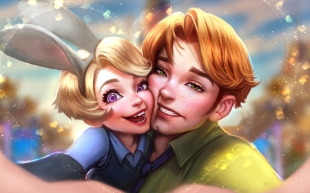 judy hopps and nick wilde - cloud, zootopia humanization, ayyasap, girl, judy hopps and nick wilde, redhead, blue, art, fantasy, ears, smile, couple, bunny, man, green