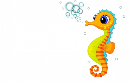 Seahorse - child, summer, water bubbles, white, seahorse, blue, card, orange, cute