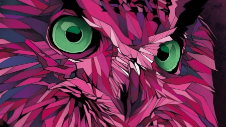 Owl - abstract, bird, eyes, pink, owl, green, texture, art, luminos