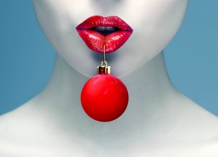 Merry Christmas! - blue, ball, colin anderson, christmas, lips, craciun, red, woman, face, lipstick