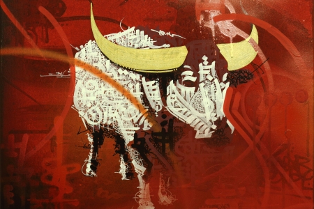 Buffalo - cow, horns, painting, abstract, art, yellow, red, pictura, buffalo, bull