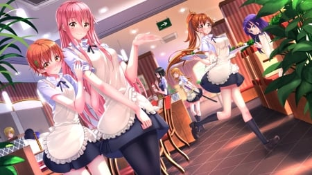 Welcome - busy, anime girls, restaurant, waitress, serving