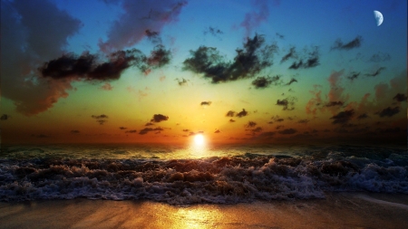 Beach Sunset - clouds, beach, sunset, ocean, nature, waves