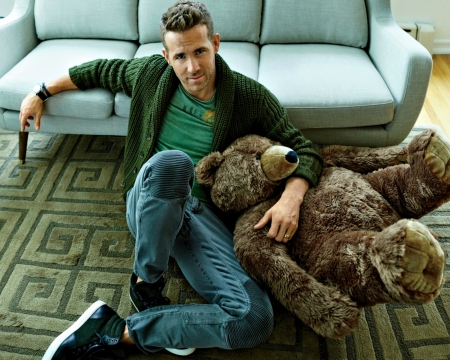 Ryan Reynolds - Ryan Reynolds, jeans, actor, sofa, blue, man, toy, male, green, teddy bear