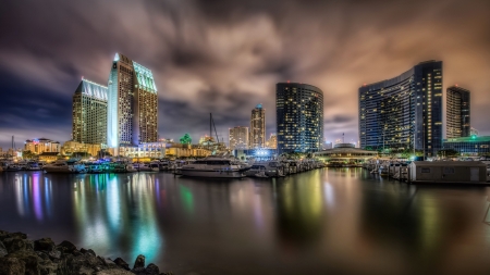 San Diego Marina at Night F1 - wide screen, san diego, california, ocean, photography, water, cityscape, beautiful, scenery, architecture, marina, photo, usa