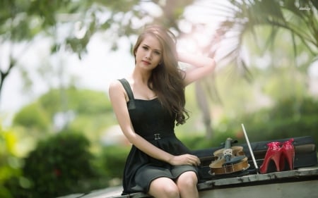 cute brunette by her violin - girl, bench, shrub, violin