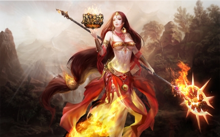 Fire Goddess - female, artwork, beautiful, girl, beauty, fantasy, goddess, woman, asian