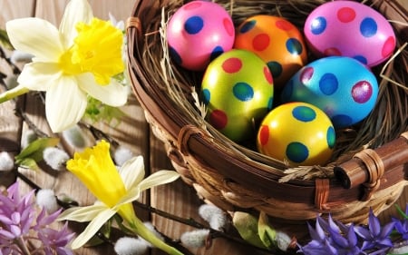 Happy Easter! - yellow, blue, pink, orange, daffodil, easter, basket, colorful, green, egg, card, dot