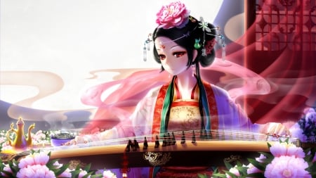 Princess - anime, girl, kimono, flower, pink, manga, instrument, peony, purple, silverbow, princess, luminos