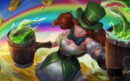 Drunken mistress - hat, game, beer, drunken mistress, st patrick, girl, heroes of newerth, shamrock, fantasy, green, woman, day