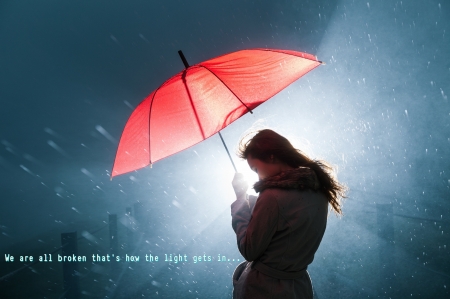 We are all broken.. - girl, umbrella, light, quote