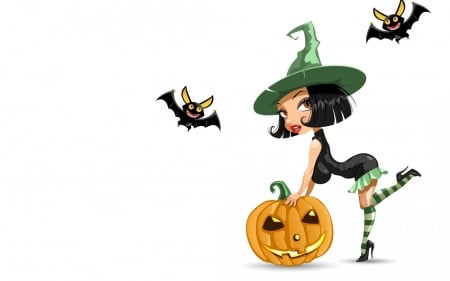 Witch - woman, hat, pumpkin, girl, child, white, halloween, witch, orange, green, card, bat