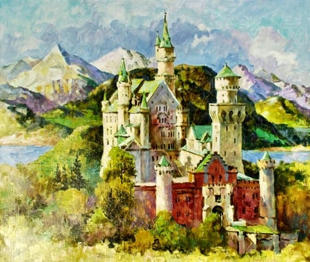 Royal Castle Neuschwanstein F - mountains, painting, art, artwork, castle, beautiful, scenery, architecture, germany