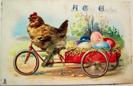 A Glad Easter - painting, eggs, bike, cart, hen, artwork