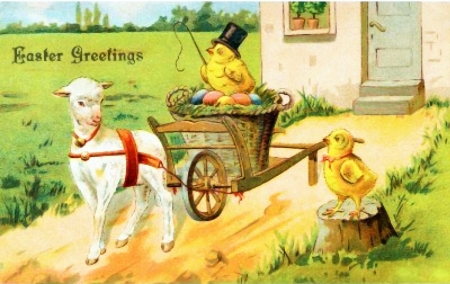 Easter Greetings - house, sheep, cart, chicks, artwork