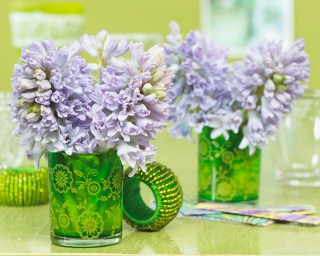 Beautiful Flowers in Green Glass - green, flowers, glass, bloom