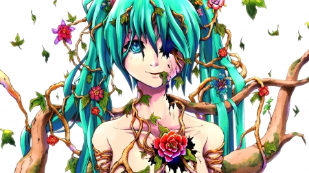 Anime Girl - flowers, anime, cute, art