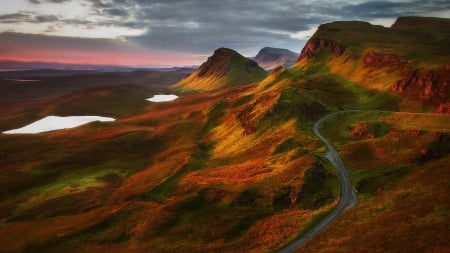 road on painted mountains - sunset, road, colors, mountains, lakes, sky