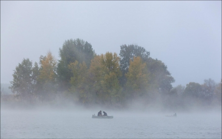 Mist Morning - nature, morning, lake, trees, boat, mist