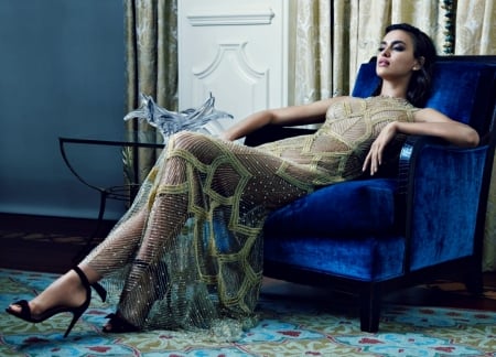 Irina Shayk - blue, hot, girl, stilettos, chair, shoes, woman, Irina Shayk, model