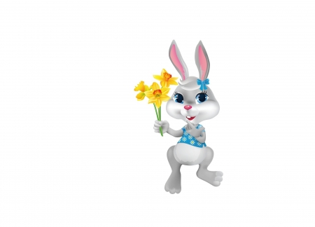 Happy Easter! - rabbit, yellow, blue, spring, daffodils, flower, bunny, child, easter, cute, card