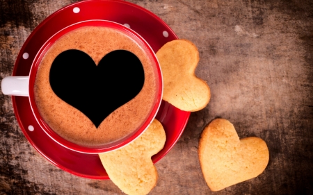 Have a sweet day! - red, cookies, sweet, cup, wood, dessert, card, valentine, coffee, heart, food