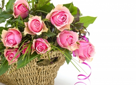 Happy Mother's Day! - women, flower, pink, bouquet, basket, white, green, rose, ribbon, mother, card, day