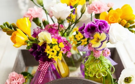 Spring flowers - freshness, fragrance, bouquet, spring, pansy, purple, yellow, pretty, freesia, green, scent, garden, glass, lovely, vase, pansies, carnation, beautiful, pink, flower