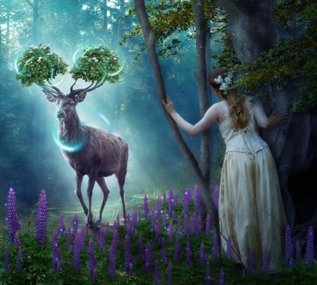 fantasy - flowers, fantasy, deer, girl, fairy