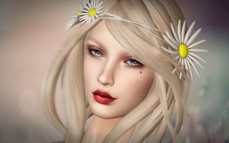 Beauty - face, red, flower, rendering, beauty, girl, frumusete, fantasy, lips, luminos, woman, daisy