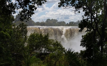 Waterfall - trees, clouds, river, water, cascading