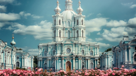 smolny convent in st petersburg russia - sky, dome, convent, cathedral, flowers