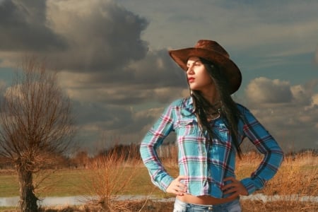 ~Cowgirl~ - style, girls, women, models, hats, brunette, brunettes, cowgirl, hat, fun, field, fashion, western, ranch, outdoors, fence, clouds, female, trees