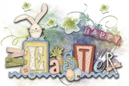 Happy Easter - holiday, flowers, spring, happy easter, artwork, eggs, bunny