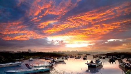 Sunset at the Port - boats, sunset, water, beach, sunrise, port, city, sky