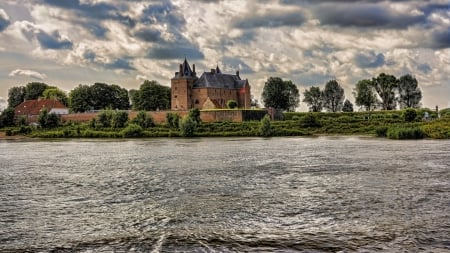 Castle - tree, castle, clouds, river