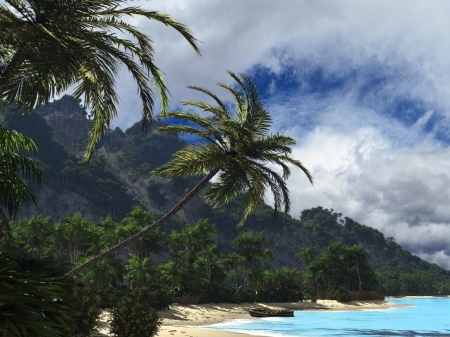 Tropical Beach - tropical, palm, boat, beach, hills, clouds, trees, sea, nature