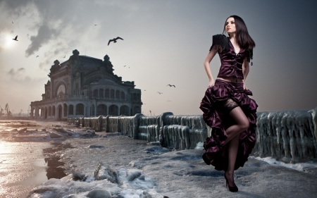 Brunette - birds, dress, girl, outdoor, long hair, black, high heels, model, stocking, brunette