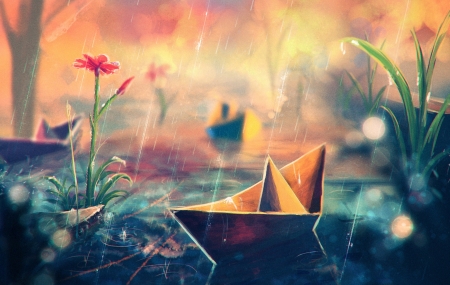 Paper Boat - art, flowers, paper boat, rain