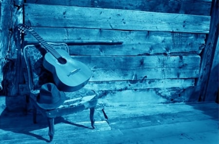 Blue - bench, hat, blue, quitar