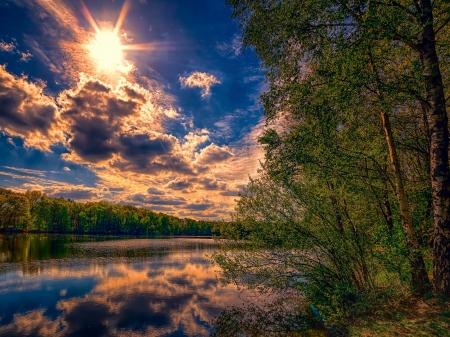 Beautiful SUNSET - clouds, trees, forest, reflection, river, sunset, nature, rays, sun