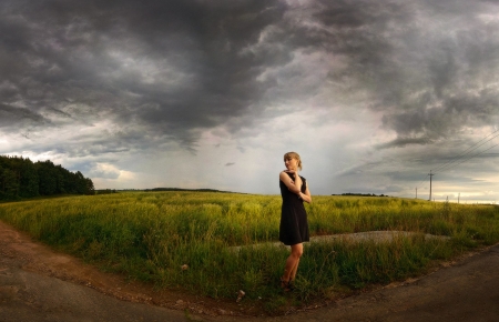 Where is the right direction? - road, girl, clouds, feilds