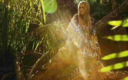 Adriana Volpe  Lost in the moment - patterned short dress, green foliage, blonde, sun rays